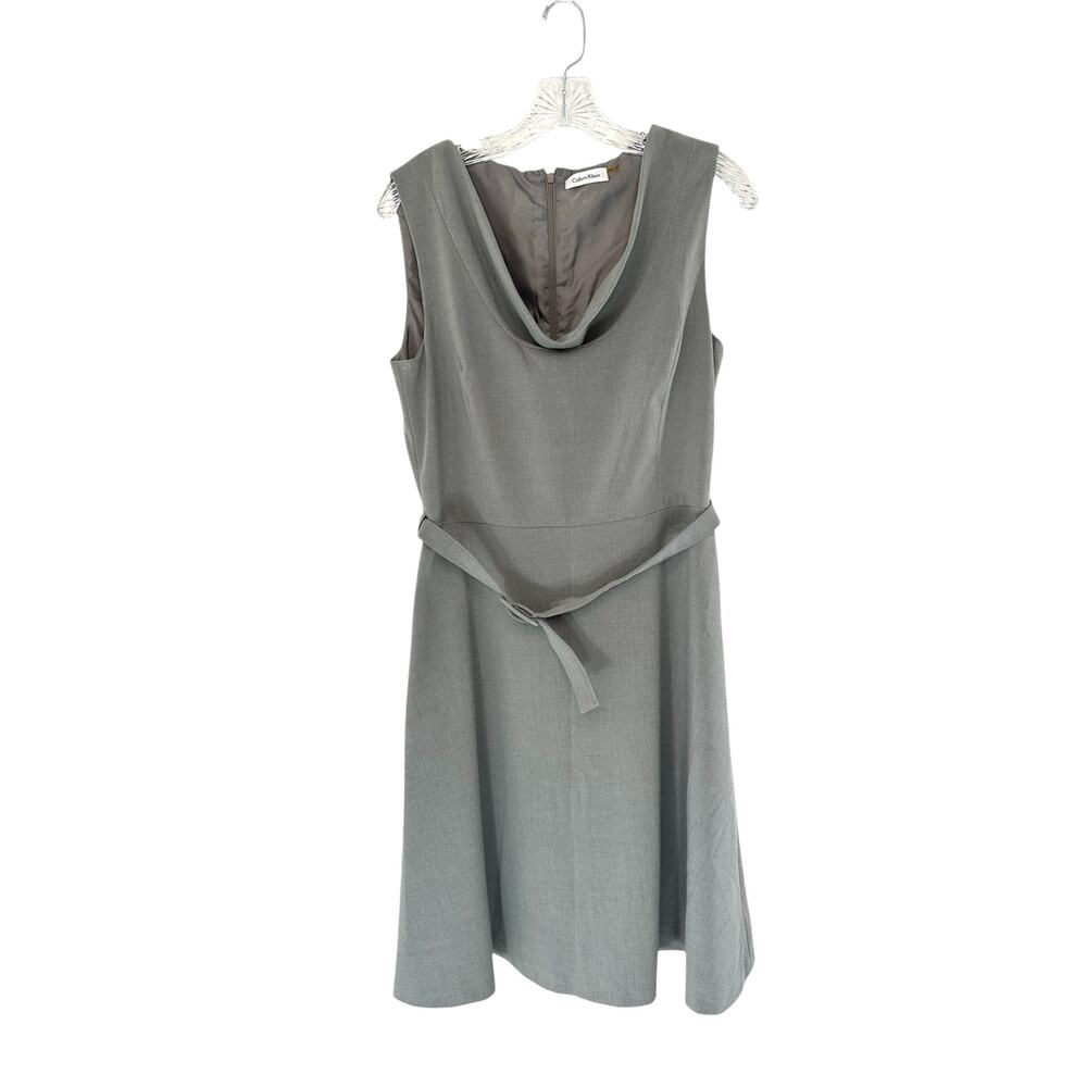 Calvin Klein‎ Dress Gray Office Business Career Belted Cowl Neck Sheath Size 10